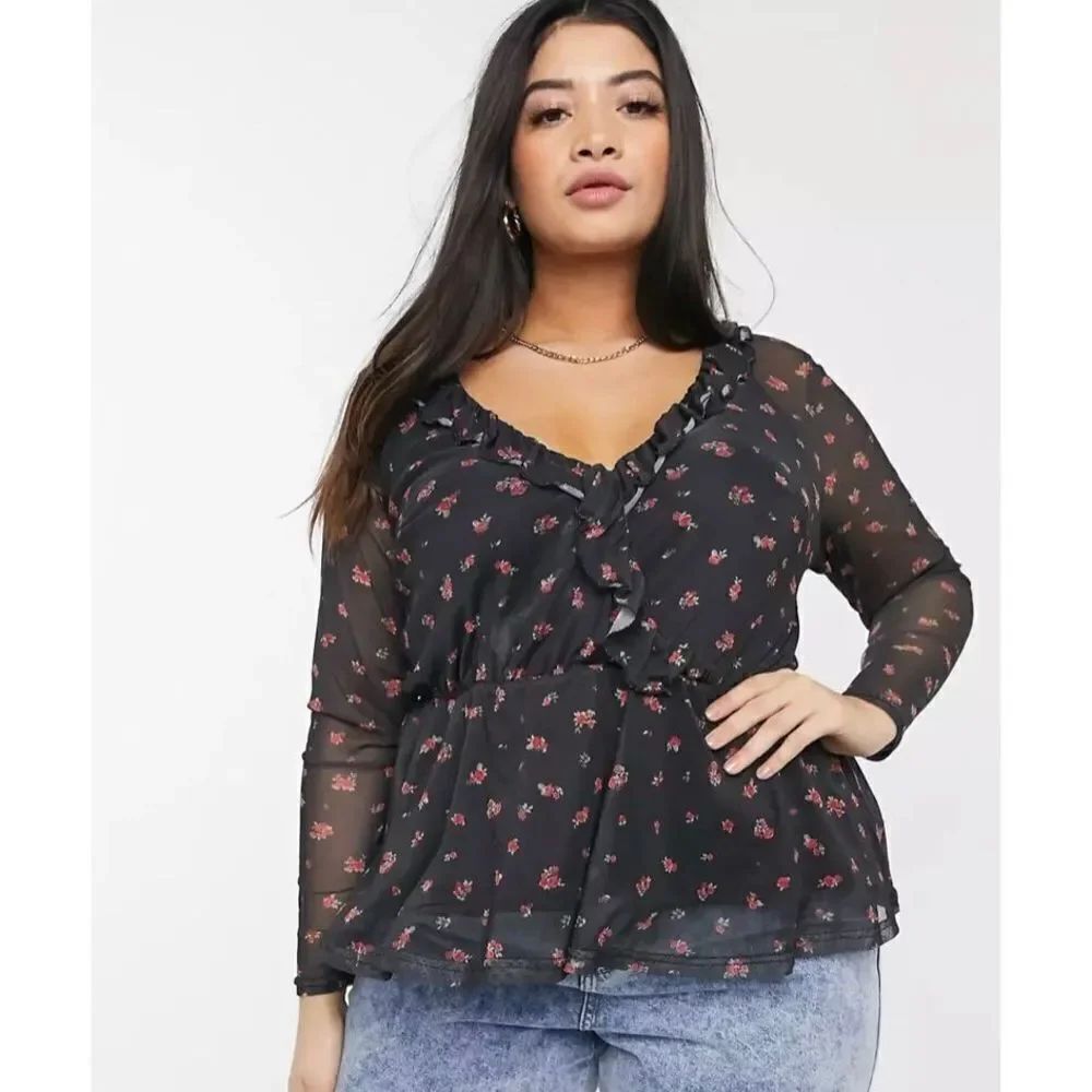New Look NWT Black Sheer Layered Ruffle Top Peplum Blouse Wednesday Addams 14